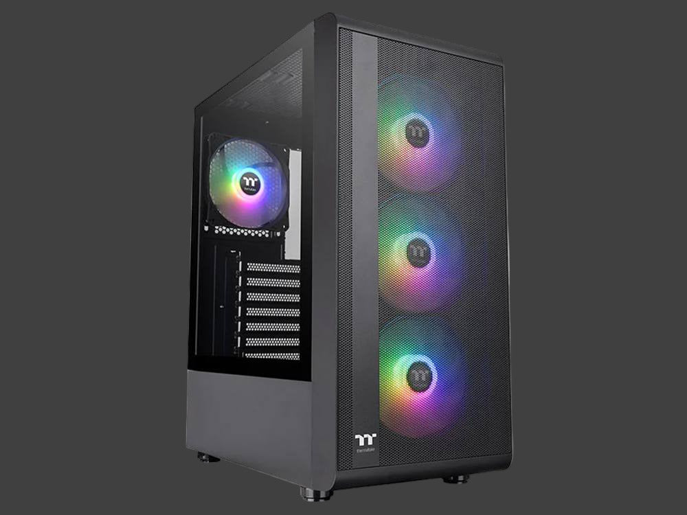 Computer case with RGB lighting on a dark background