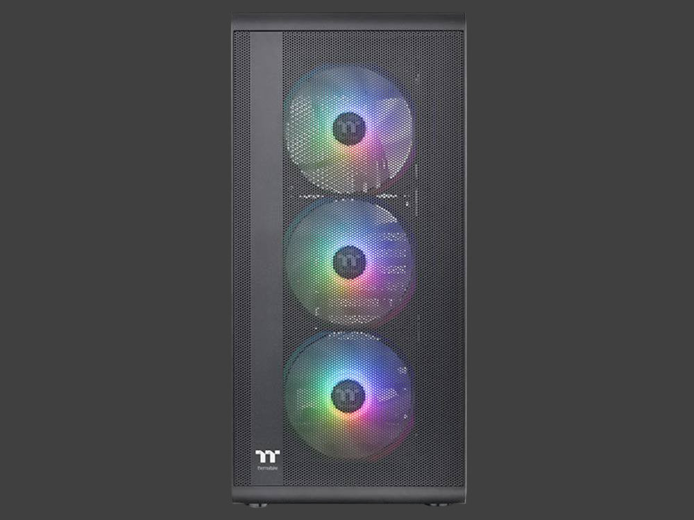 Computer case with RGB lighting on a dark background