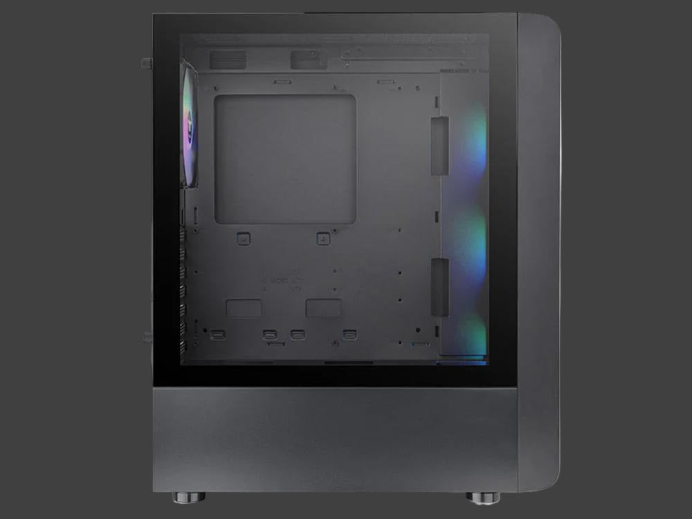 Computer case with RGB lighting on a gray background