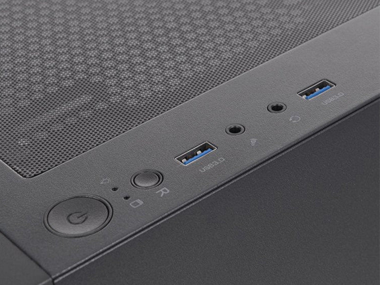 Close-up of a black computer case with USB ports on a white background