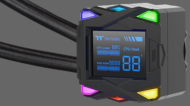 Computer hardware monitor with digital display and colorful LED lights on a white background