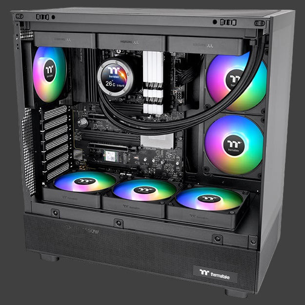 Computer case with RGB lighting and visible components on a white background