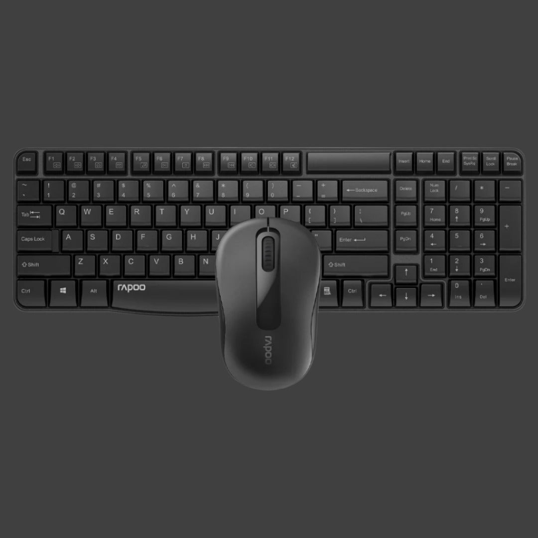 RAPOO X1800S 2.4GHz Wireless Optical Keyboard Mouse Combo Black - 1000DPI Nano Receiver 12m Battery (Black)