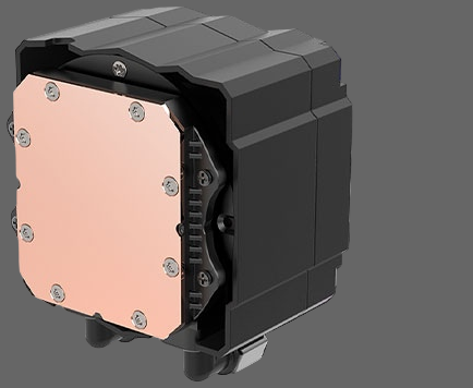 Computer cooling system with black casing and copper heat sink on a white background