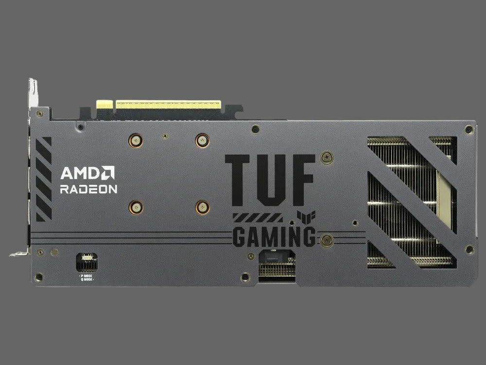Gaming graphics card with AMD Radeon logo and TUF Gaming branding on a white background