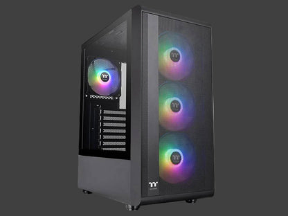Computer case with RGB lighting on a dark background