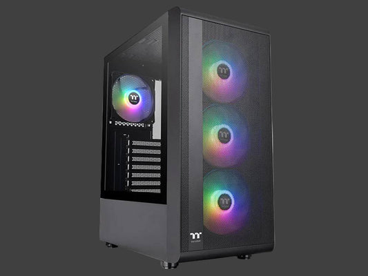 Computer case with RGB lighting on a dark background