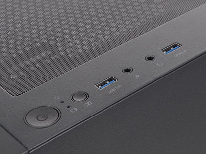 Close-up of a black computer case with USB ports on a white background