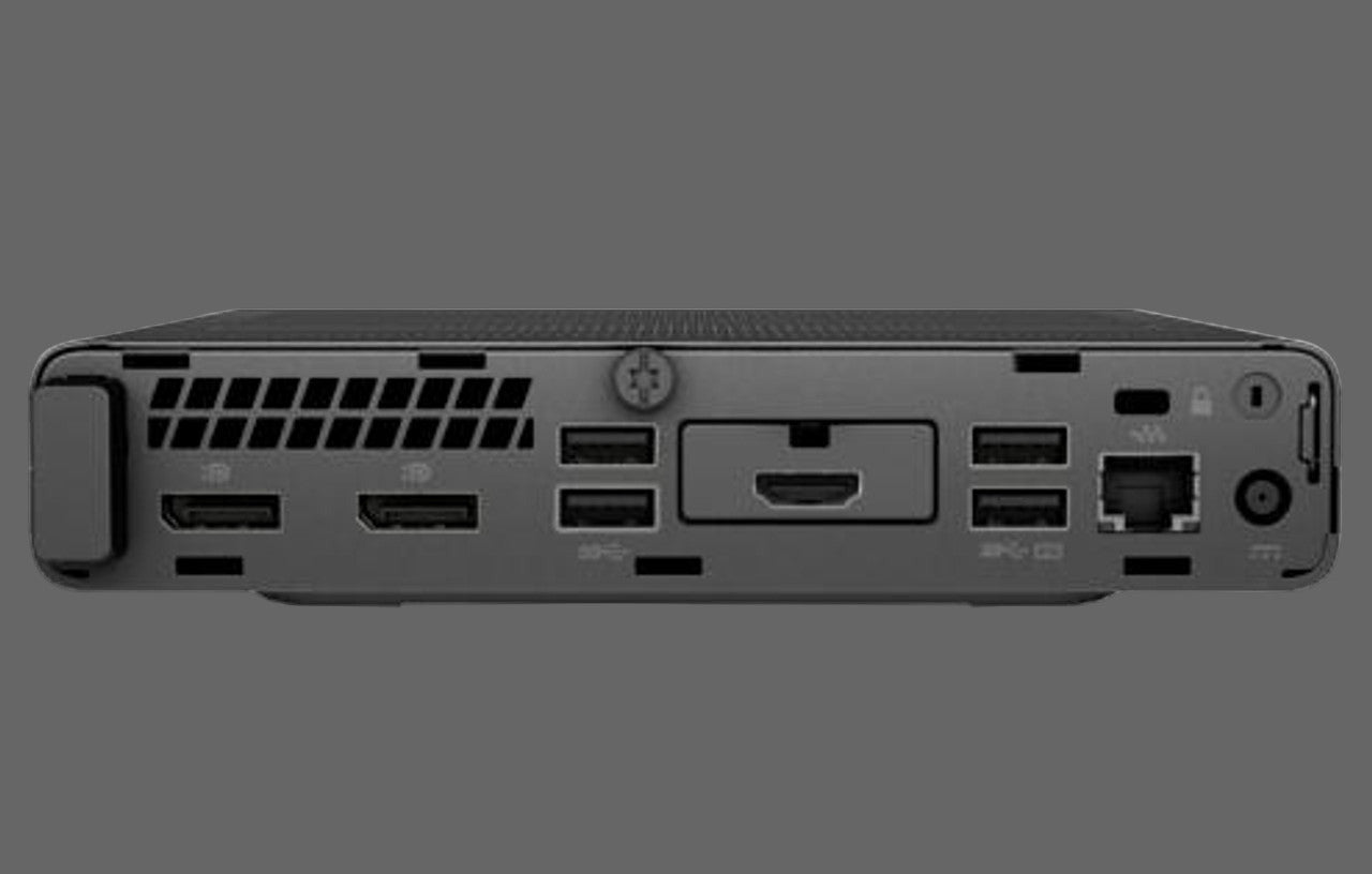 Back view of a black electronic device with ports on a white background