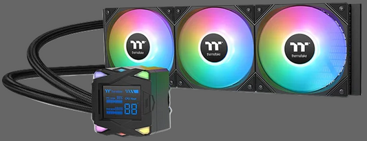 Computer cooling system with RGB lighting and digital display on a white background