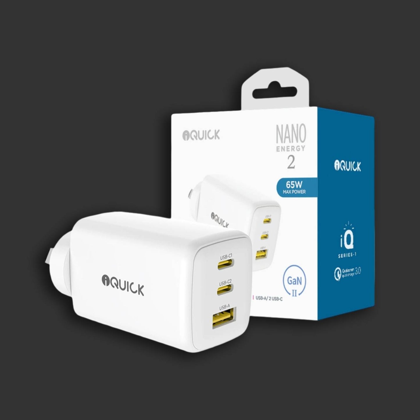 iQuick NANO ENERGY 2 65W PD3.0 Dual USB-C and USB-A Ports Charging Adapter-White
