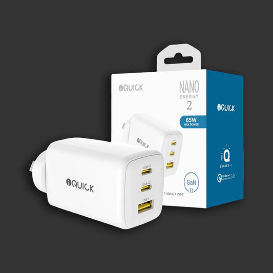 iQuick NANO ENERGY 2 65W PD3.0 Dual USB-C and USB-A Ports Charging Adapter-White